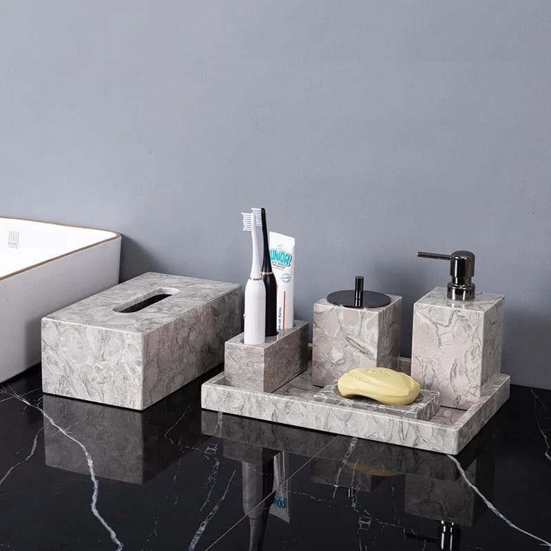 Set di accessori per il bagno Elegante dispenser di sapone liquido in marmo naturale Portaspazzolino Tazza Portasapone Tampone di cotone