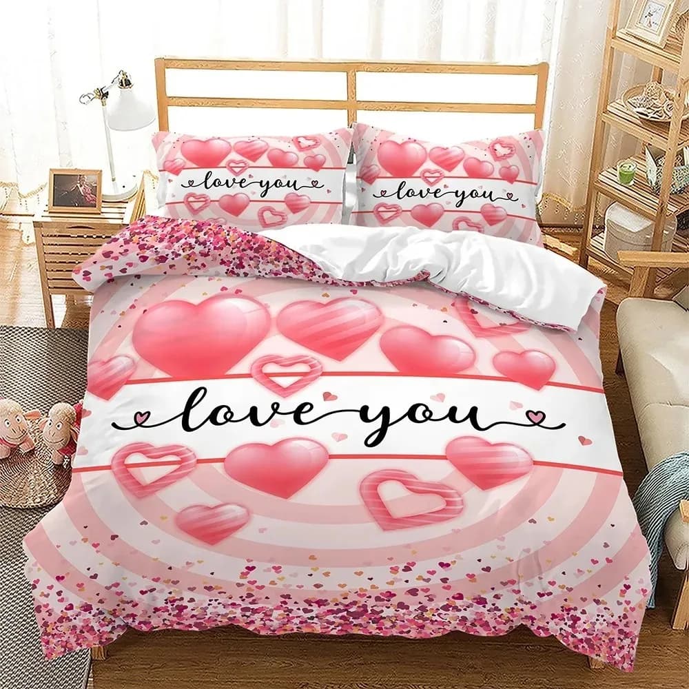 Love Heart San Valentino Copripiumino 3D Set di biancheria da letto Trapunte Federe in lino Decorazioni per matrimoni per coppie Twin King Queen