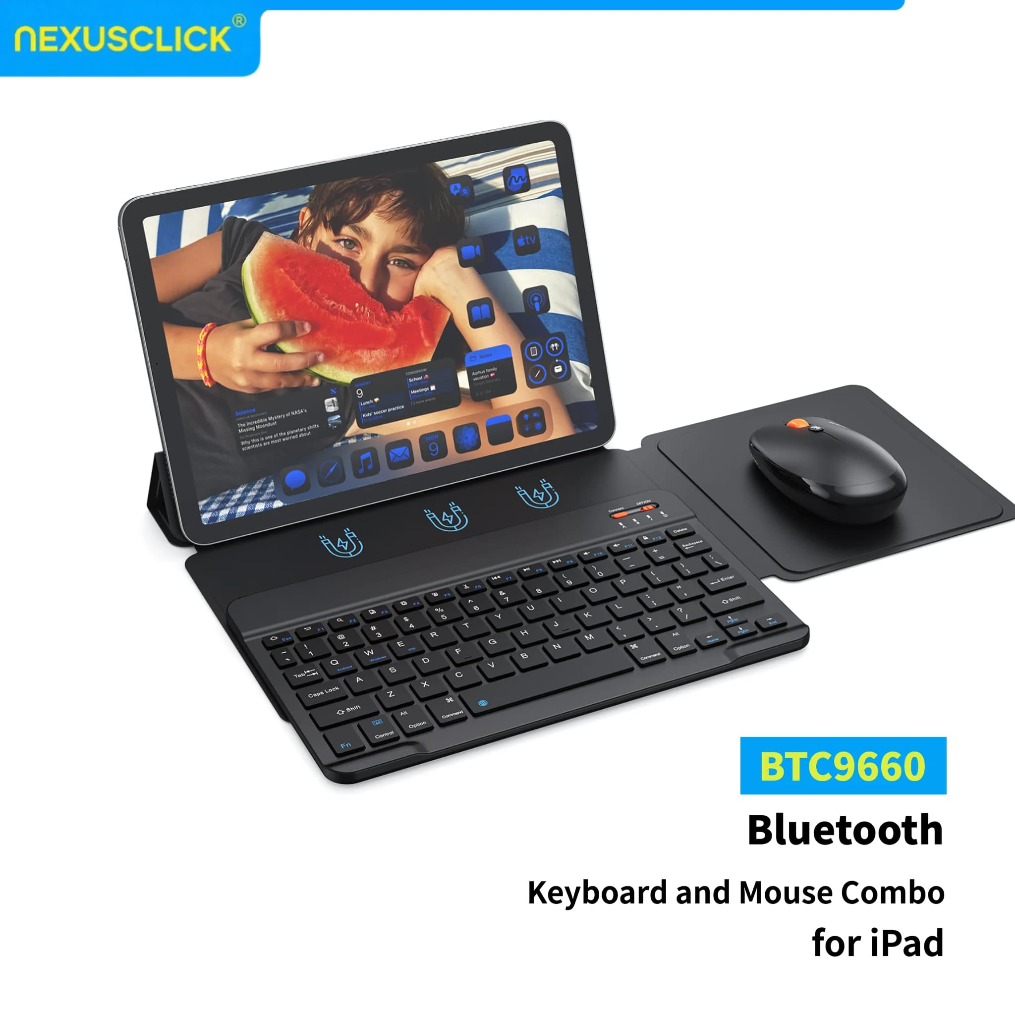 NexusClick Bluetooth Keyboard Mouse Combo for iPad,Slim Multi-System Magnetic Foldable Case Silent,Type-C Fast Charge 3 DPI Mice