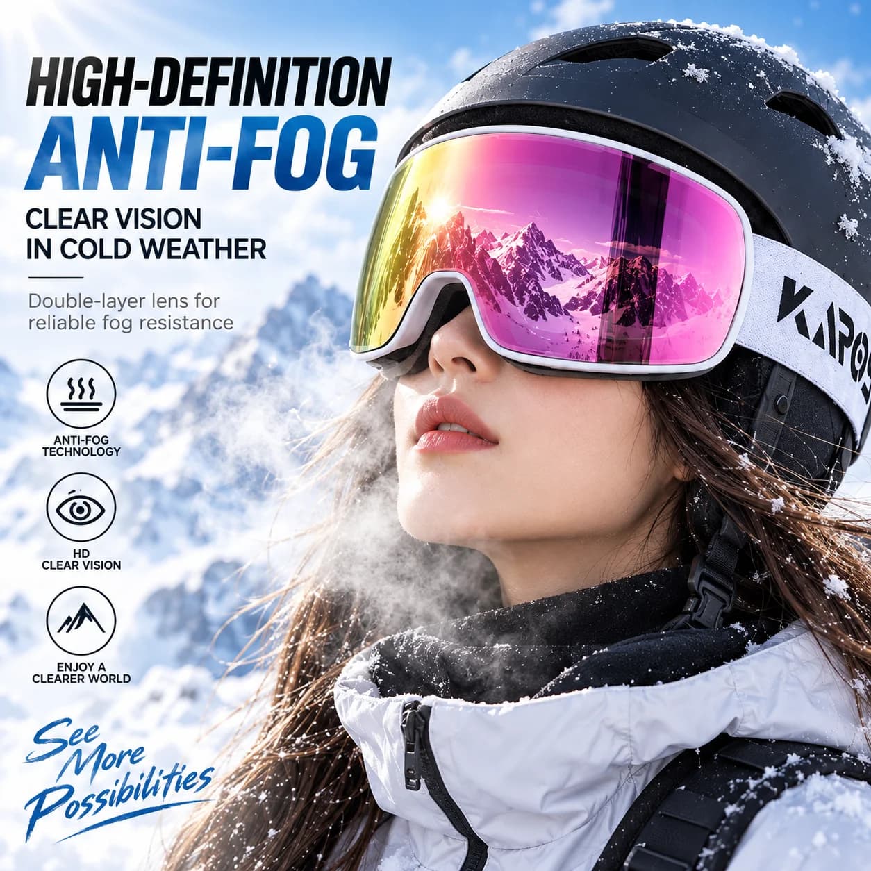 KAROS Ski Snow Goggles Pink Mirror Lens UV400 Lightweight Snowboard Eyewear Adjustable Anti Slip Strap for Winter Mountain Sport