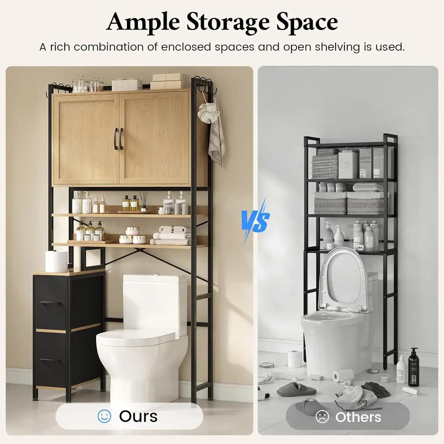 Over The Toilet Storage Cabinet With 8 Tier 2 Large Drawers 6 Hooks Toilet Paper Holder For Bathroom Laundry Room Natural Wood