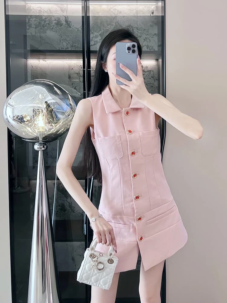 2026 New Style Elegant Single Button Sleeveless Vest Dress Ladylike Ageless A-Line Skirt High Waist Pure Color Spring Autumn