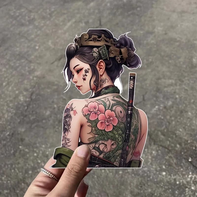 Female Samurai Decal, Japanese Retro Peony Flower Tattoo Sticker for Motorcycle, EV, Helmet & Car Decor