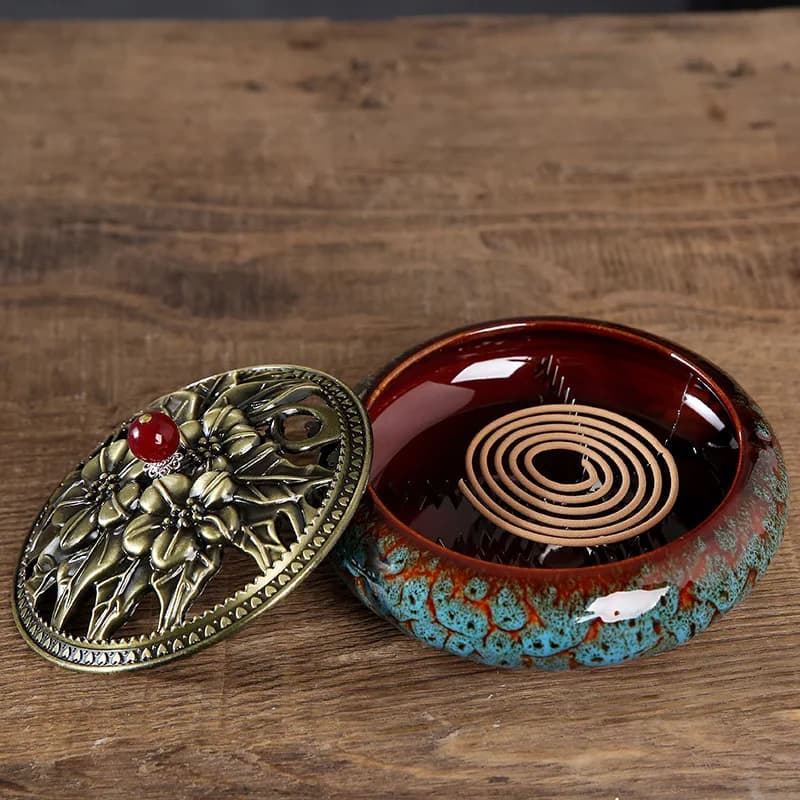 Bruciatore di incenso per bobina/bastoncini/coni incenso buddista India legno di sandalo repellente per zanzare porta incenso in ceramica