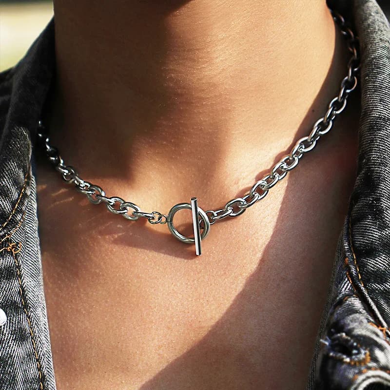 Thick Paperclip OT Clasp Necklace 316L Stainless Steel Silver Minimalist Unisex Chunky Chain Collarbone Jewelry