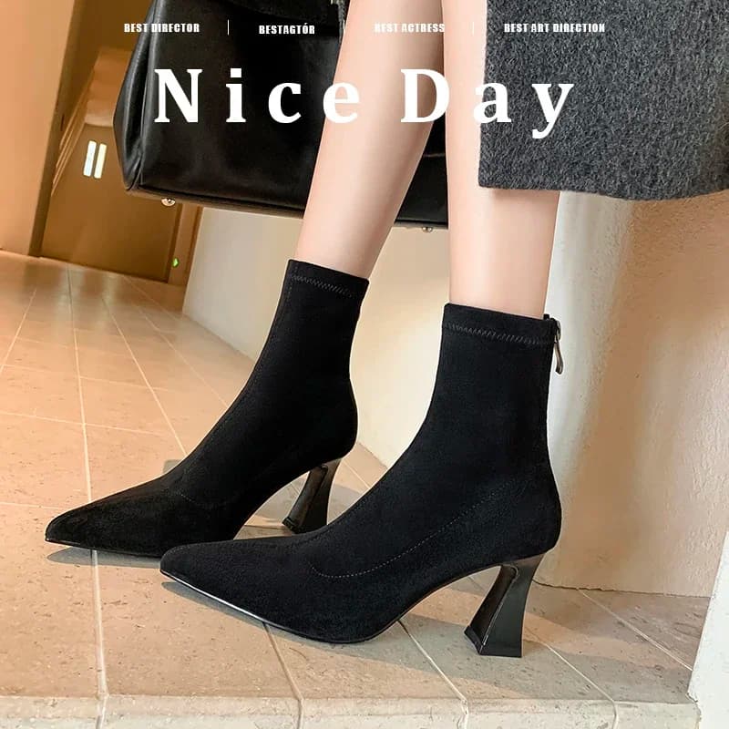 2026new autumn winter women ankle boots 22-24.5cm stretch flannel pointed toe thick high heel modern boots back zip skinny boots