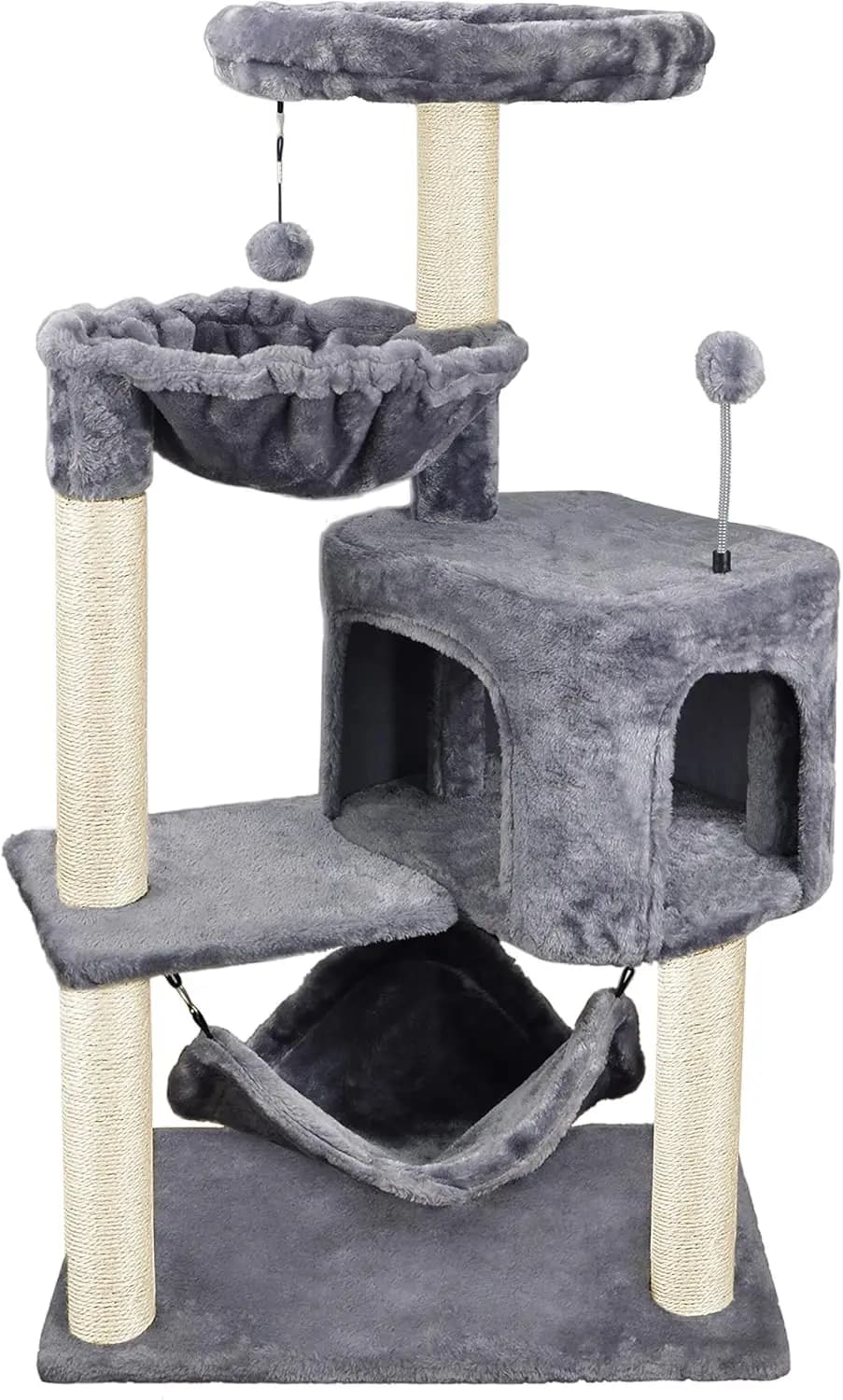 Albero per Gatti Grigio con Cuccia Multi-Livello e Ampia Amaca per Gatti da Interno, Struttura in Legno Resistente con Tiragraffi e