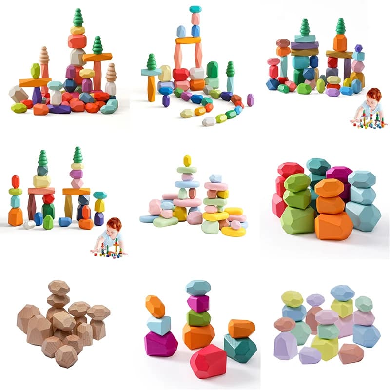 Ordinamento in legno Pietre impilabili Pietre Giocattoli sensoriali per bambini Apprendimento Montessori Giocattoli Gioco di blocchi di costruzione per regali di compleanno per bambini