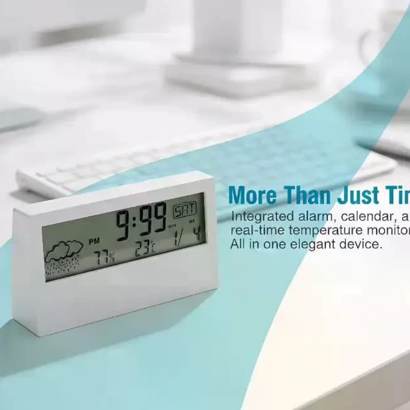 Electronic Thermo Hygrometer Clock 3 in 1 Digital Alarm Large Display Indoor Weather Station for Office Home Bedroom