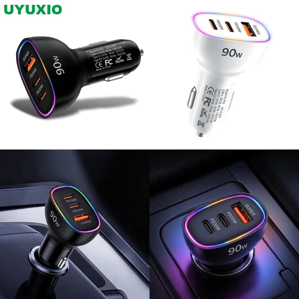 90W Car Charger Multi Port Dual PD 30W Type C USB A 30W Super Fast Charging Adapter for Laptop Phone MacBook PPS RGB LED Light