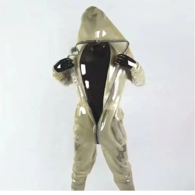 Latex Rubber Transparent Catsuit Sportswear Hoodie Bodysuit Men's Jumpsuit Front to Crotch Zip Unisex Latex Raincoat No Gloves