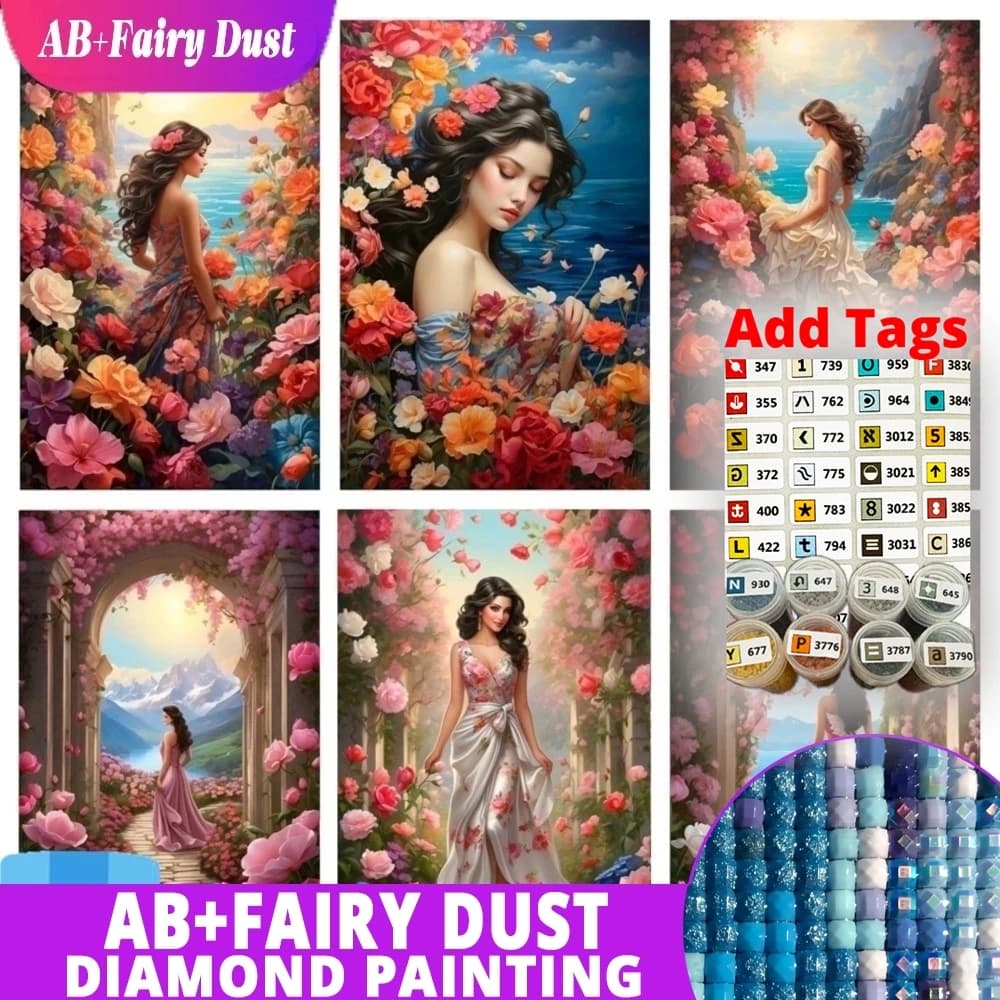 With Symbol Sticker AB Fairy Dust Full Square Round Diamond Painting New Women and Flowers Landscape Mosaic Rhinestone Kit Handm