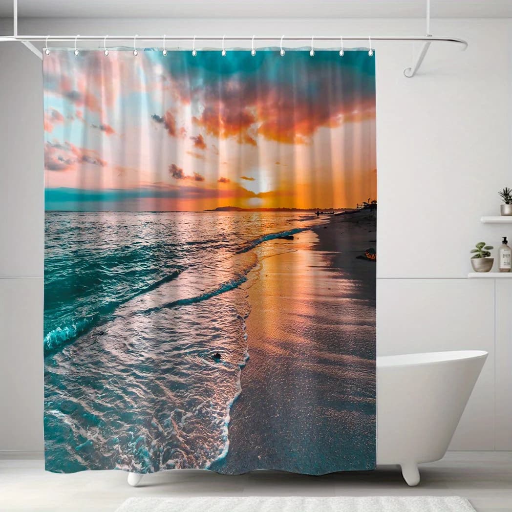 Tenda da doccia Sunset Beach - Stampa oceano, poliestere impermeabile, arredamento bagno, 71x71 pollici