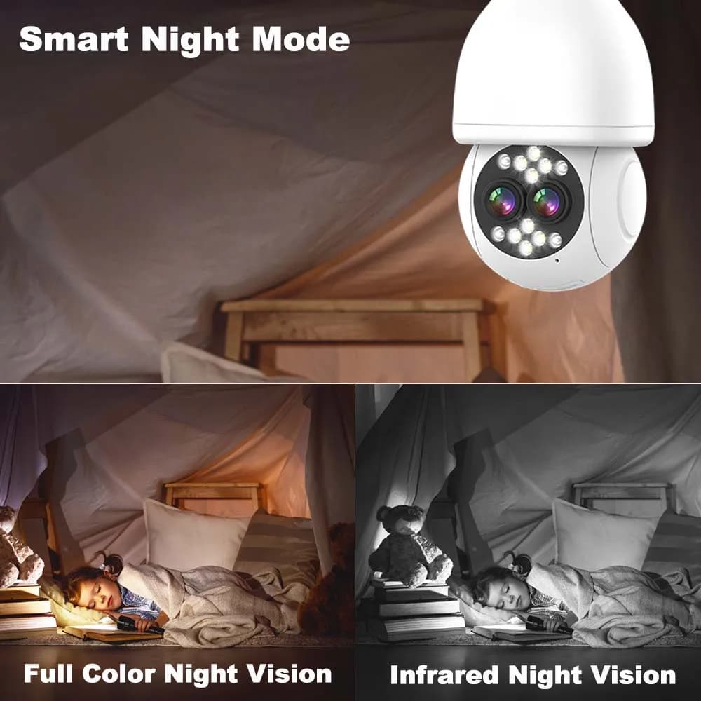 Telecamera IP Dome PTZ 4MP UHD con APP iCsee, Zoom 8X, Doppia Lente, Attacco E27, Rilevamento Umanoide AI, Visione a Colori, Monitoraggio Bambini e Sicurezza Domestica