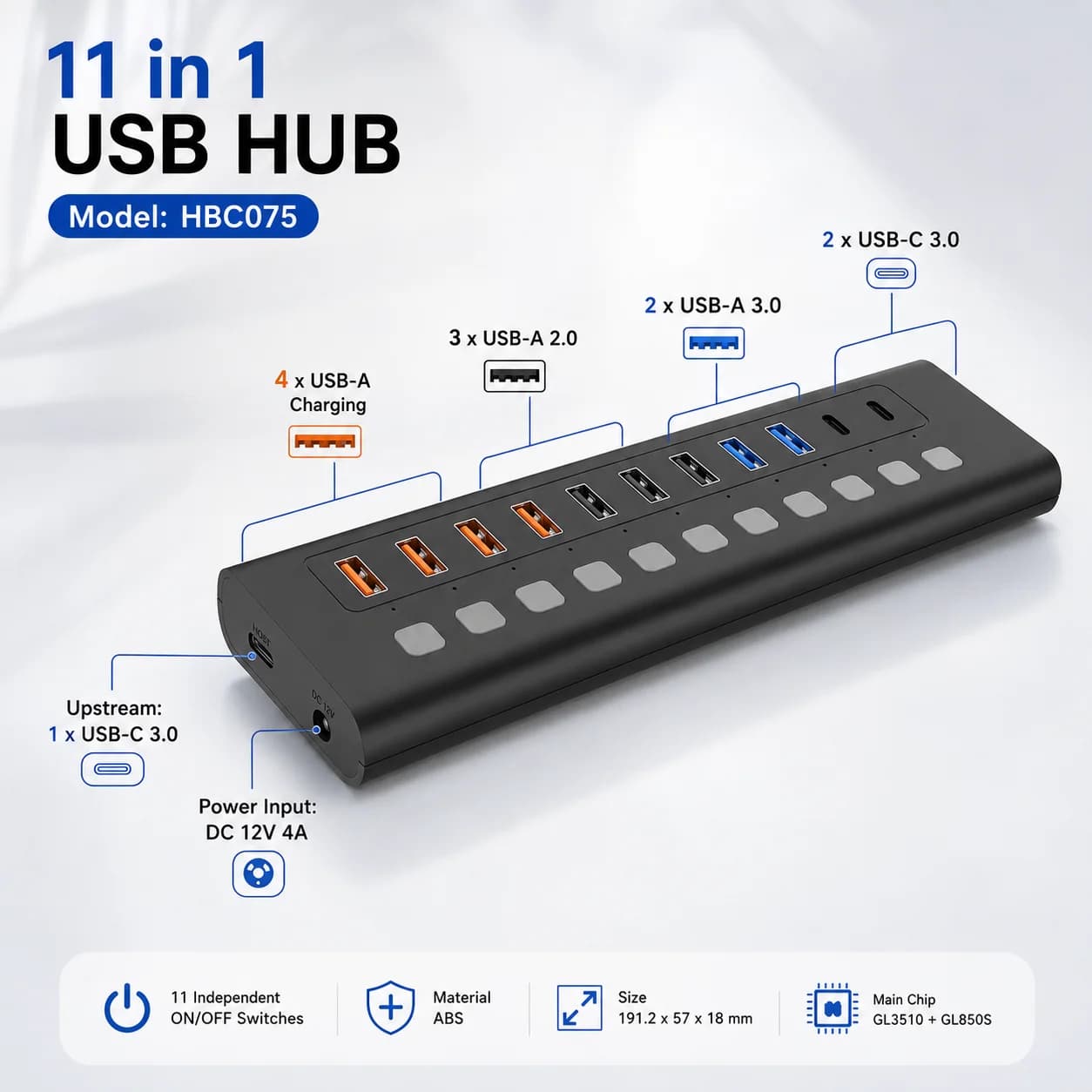 2026 New 11-in-1 Powered USB 3.0 Hub 5Gbps 2 USB-C ports + 9 USB-A ports