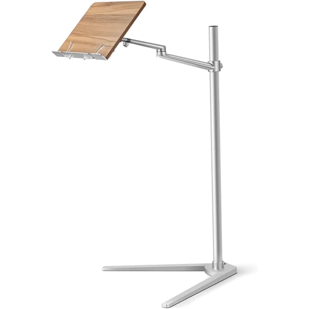 Supporto per libri per la lettura, supporto a mani libere per tablet, telefono portatile con cuscinetto in legno, supporto in metallo ruotato e sollevato, 2 S