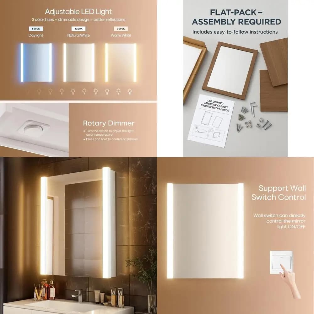 Armadietto a Specchio per Bagno Illuminato a LED 24 x 30 con Ripiani Regolabili e Luce Bianca Calda