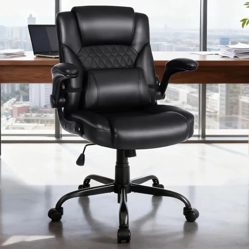 Sedia da scrivania ergonomica con supporto lombare, sedile imbottito a 5 posizioni, pelle PU, braccioli regolabili, nera