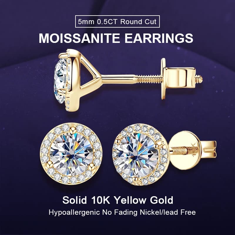 IOGOU 1ctw 5mm 0.5CT Rotondo D Moissanite Halo Orecchini con perno 10k Oro Reale per Le Donne Degli Uomini Certificato di Fidanzamento Matrimonio Gioielleria Raffinata