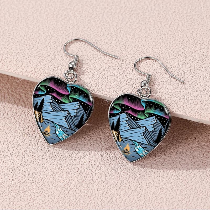 2024 New Mountain Camping Dangle Earring Heart Shaped Earrings Handmade Glass Dome Jewelry