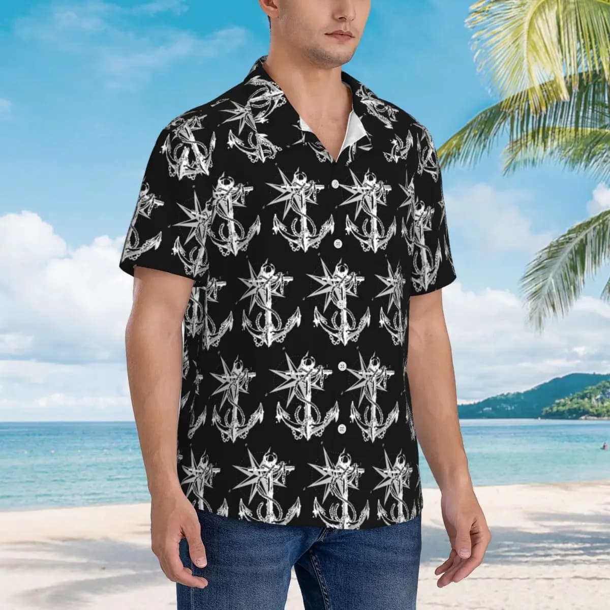 Camicia Hawaiana da Uomo con Bussola Nautica e Ancora, Divertente Camicia a Maniche Corte per l'Estate e la Spiaggia, Top con Colletto per Uomo