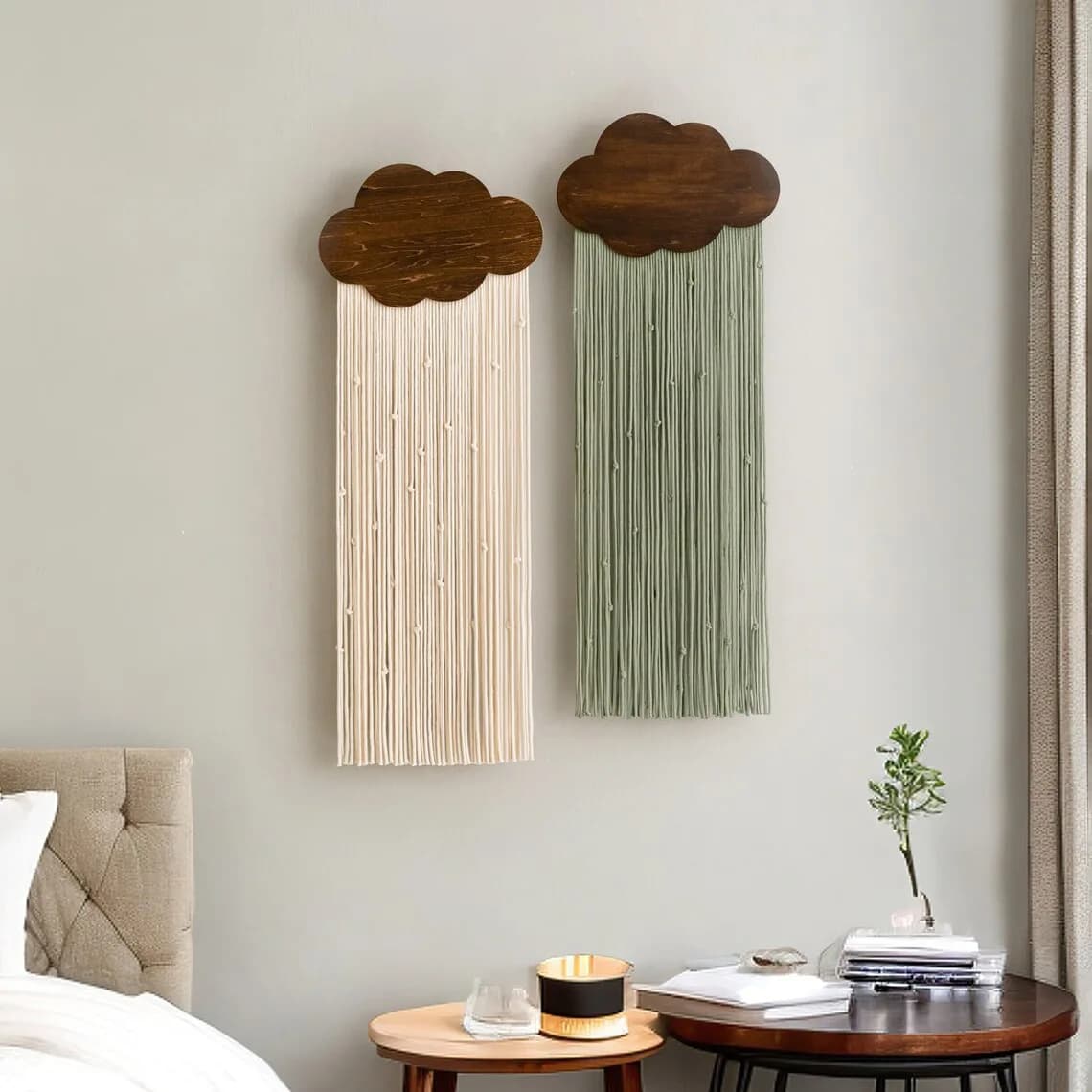 30x100cm Ins Nordic Room Decoration Hanging Piece - Wooden Cloud Cotton Rope Tapestry Tassel Wall Decoration