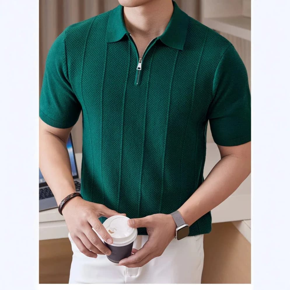 Men's Vertical Stripe Knitted Polo Shirt Half Zipper Lapel Short Sleeve Light Luxury Business Breathable Solid Color T-Shirt