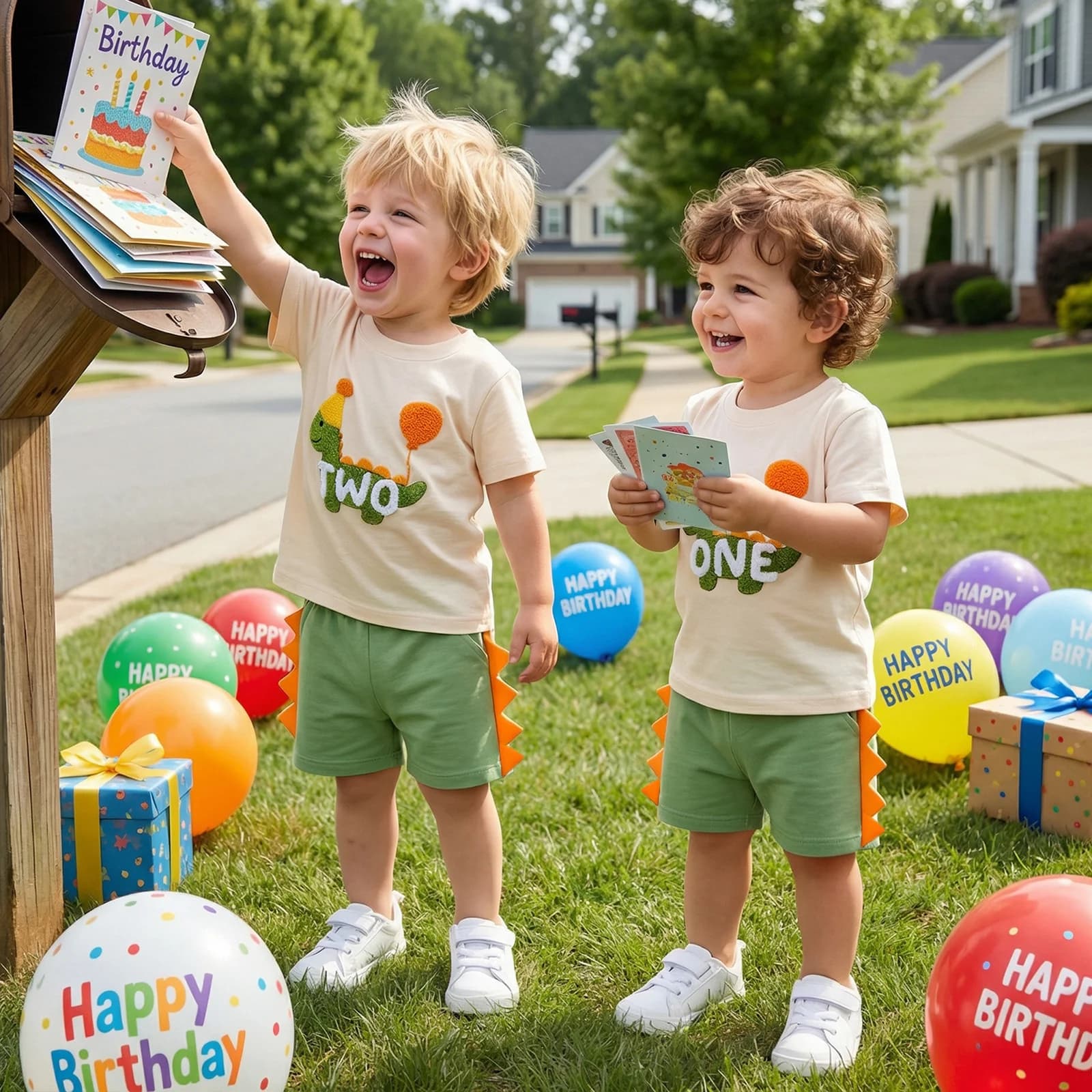 Simpatico Completo Estivo per Bambino con Tema Dinosauro, T-shirt a Maniche Corte e Pantaloncini, Set 2 Pezzi per Compleanno