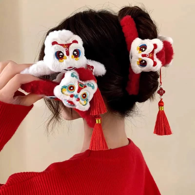 1pc dance lion nappa new year hair clips in plush for women red hairpin back panino shark clip headdress accessories
