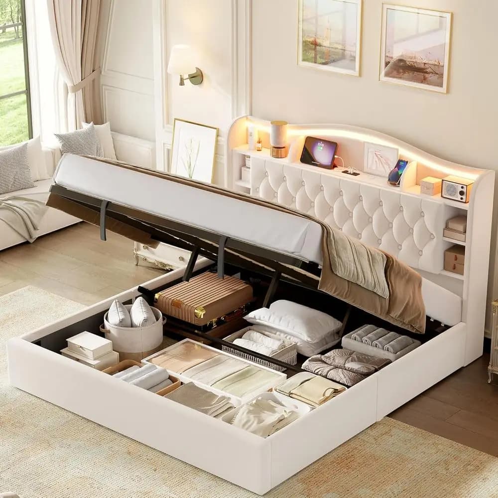 Letto King Size con Illuminazione LED e Porte USB, Testiera Imbottita Confortevole, Supporto a Doghe, Non Necessita di Rete a Doghe, Beige