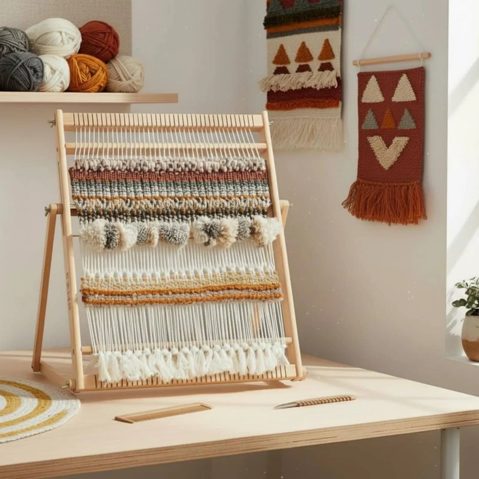 Wooden Weaving Loom Kit Natural Wood DIY Tapestry Kit Desktop Weaving Loom Sleek Finish Craft Supply for Crafters