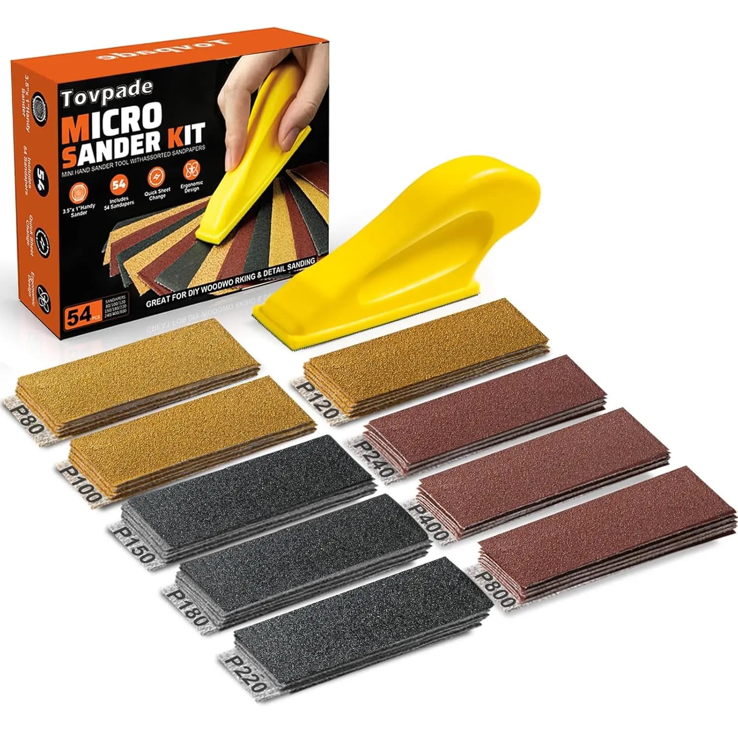 54PCS Micro Sander Block for Detail Sanding, 80-800 Grit Sandpaper Kit with 3-Color System, Compact Hand Sander for Wood