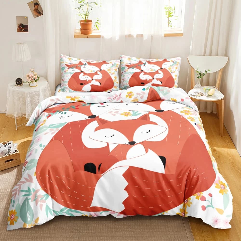 Set biancheria da letto volpe cartone animato volpe carina con fascia in piume di fiori copripiumino copripiumino doppio completo Queen King copripiumino in poliestere per ragazze e ragazzi
