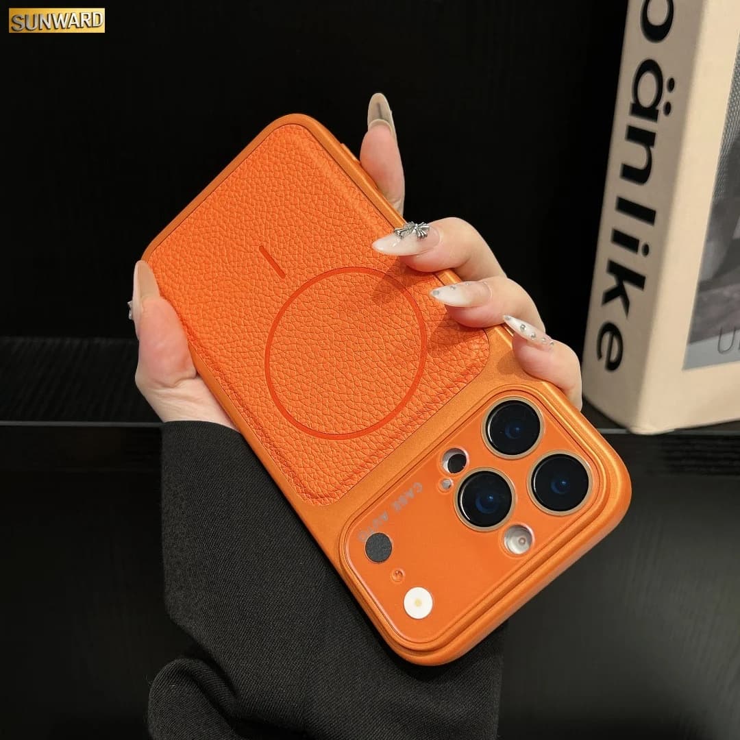 Custodia Magnetica in Pelle con Texture per iPhone 17 16 15 14 13 12 11 17 Pro Max con Protezione Lente in Vetro Cristallo per MagSafe