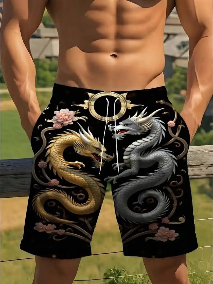 Mens Lightweight Beach Shorts With Dragon Print And Drawstring Waist For Summer