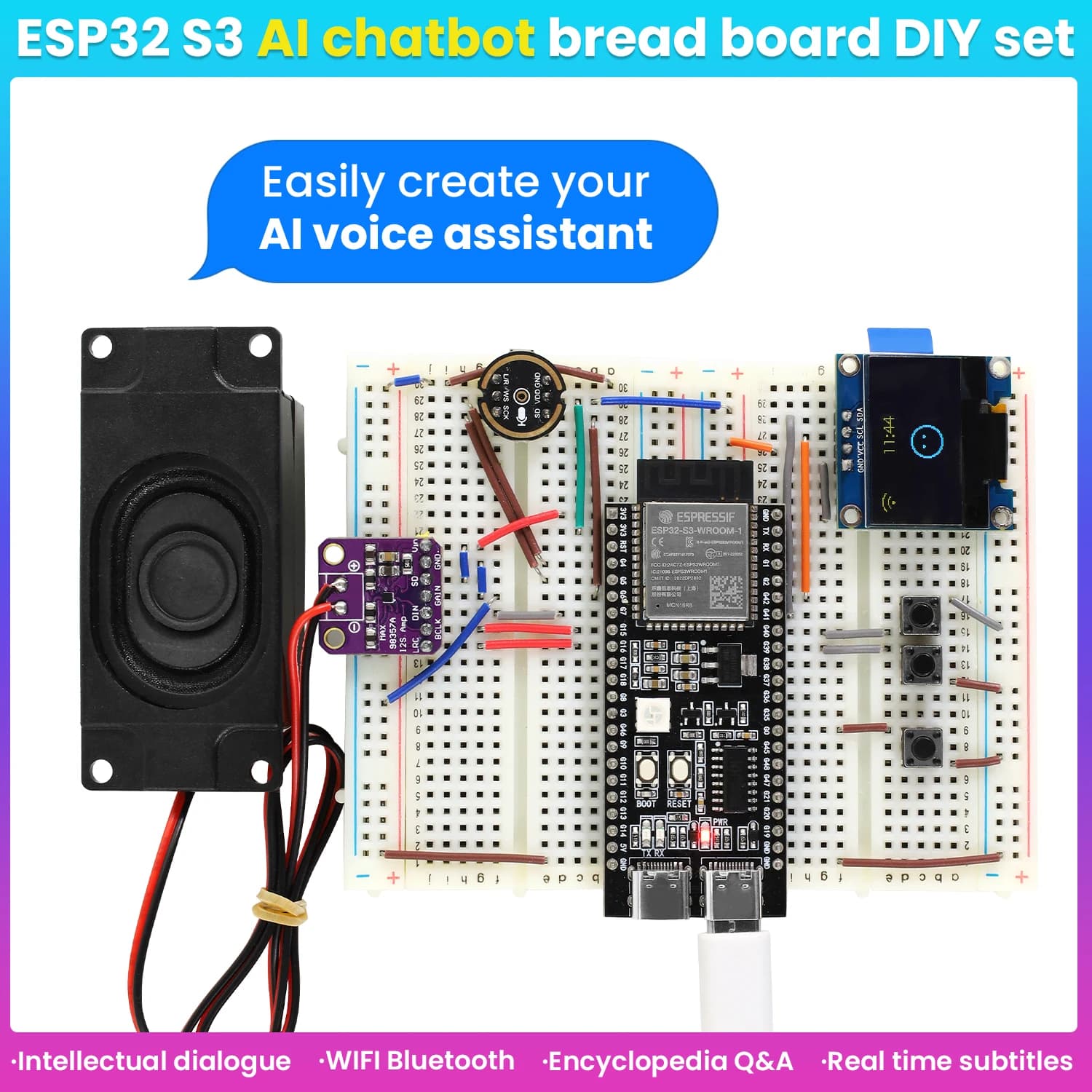 Keyestudio Xiao Zhi AI Voice Chatbot Breadboard Starter Kit fai da te con schermo OLED 128x64 per Arduino ESP32-S3-DevKitC-1 Stelo per bambini