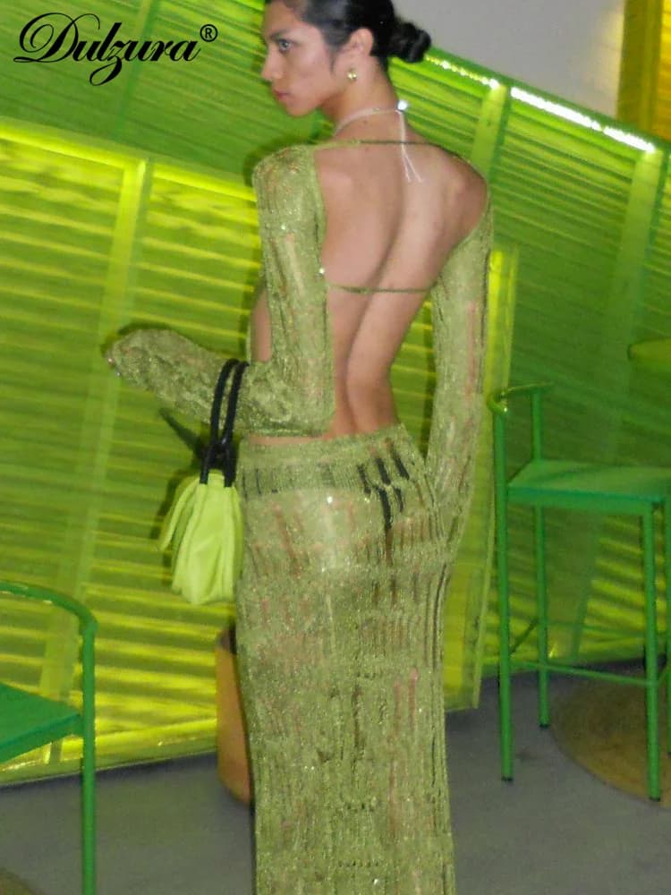 Dulzura Lavorato A Maglia All'uncinetto O-Collo Solido Cut-Out Backless Manica Lunga Maxi Vestito Gancio Fiore Hollow 2023 Donne di Estate Sexy Y2K