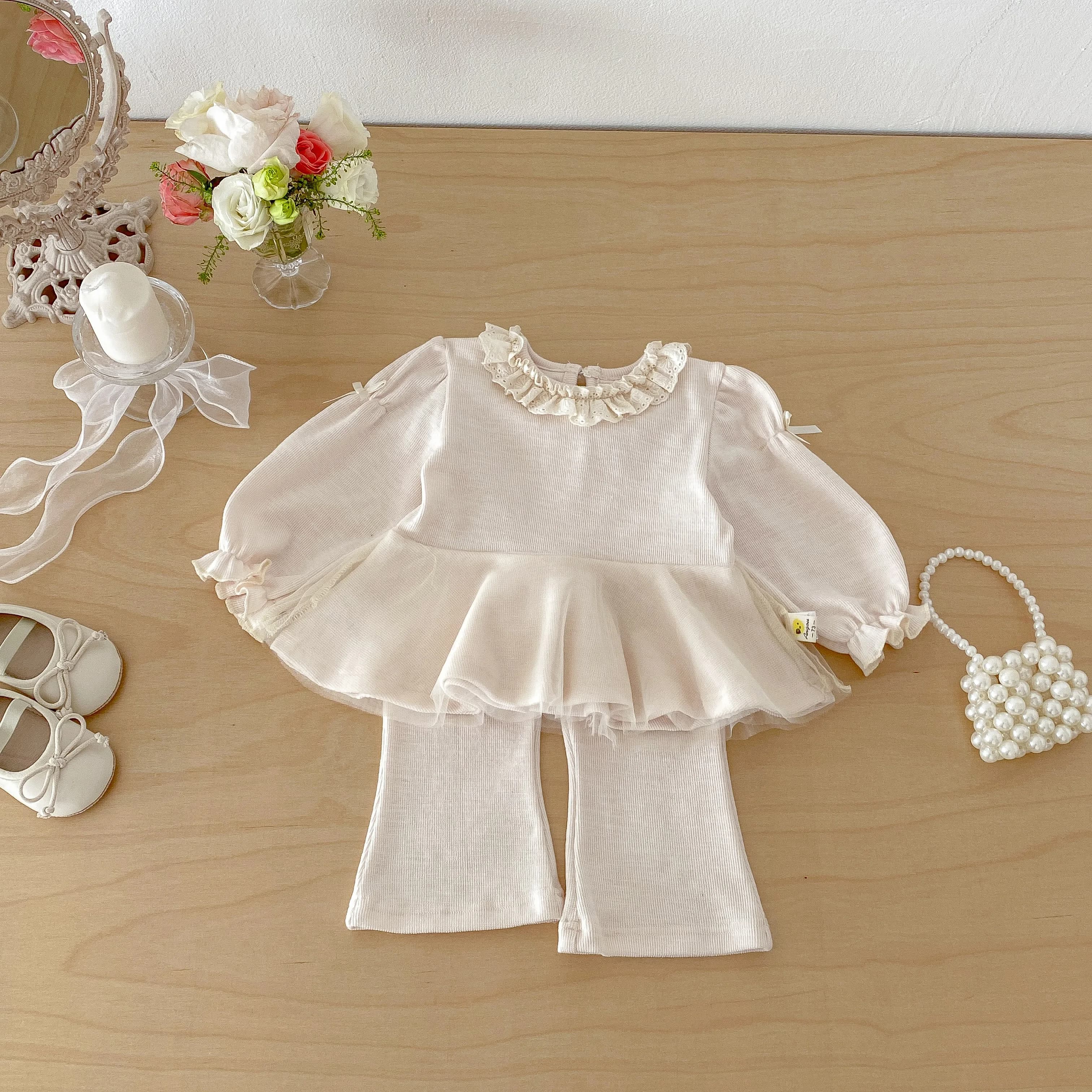 Girls' fashion set 2026 Korean style spring-autumn net scarfed Bowknot baby shirt with flared pants - girls' two-piece set