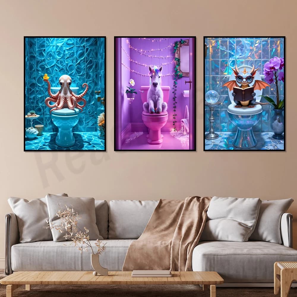 Stampe di animali fantasy, arte del bagno, poster stravaganti per decorazioni murali di animali, stampe surreali per il bagno