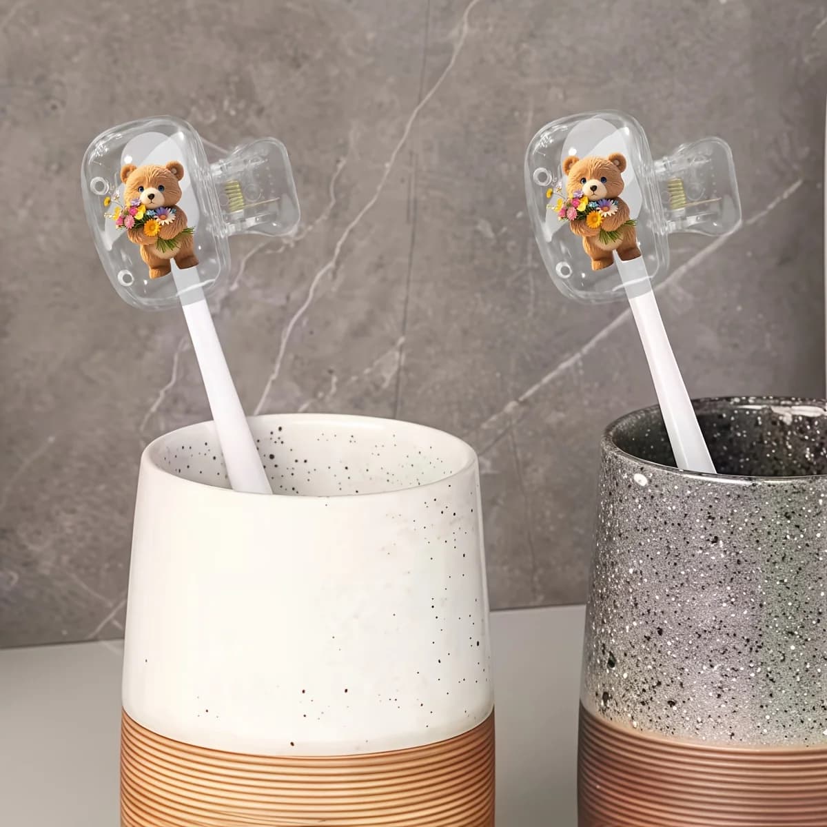 2pcs Bear Holding Flowers Portable Toothbrush Holder Essential Bathroom Additions for Home And Business Travel Daily Use