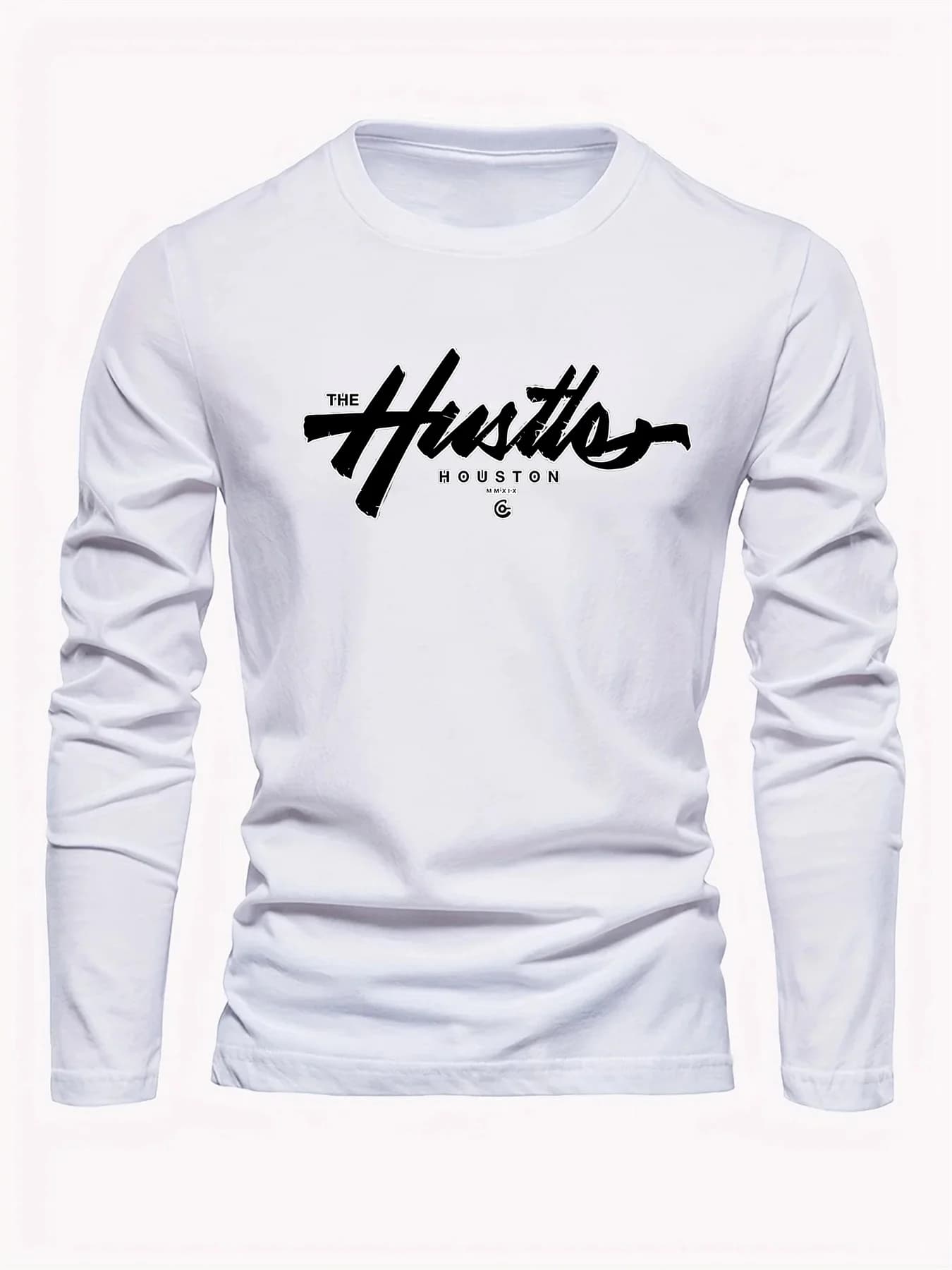 Houston Letter Pattern Printed Men's 100% Cotton Loose and Comfortable Sports and Leisure Round Neck Long Sleeve T-shirt Top