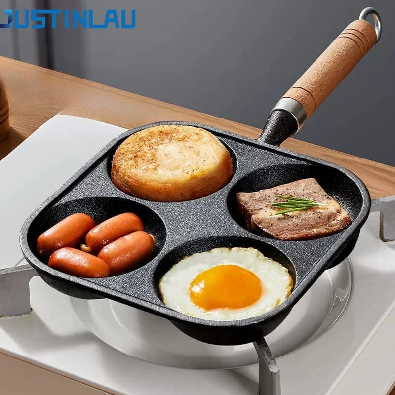 JUSTINLAU 2/4 Hole pan, Anti-adhesive cast iron pot for home, Steak and Pancake pan, Omelet pan, Breakfast, Eggs and Hamburger
