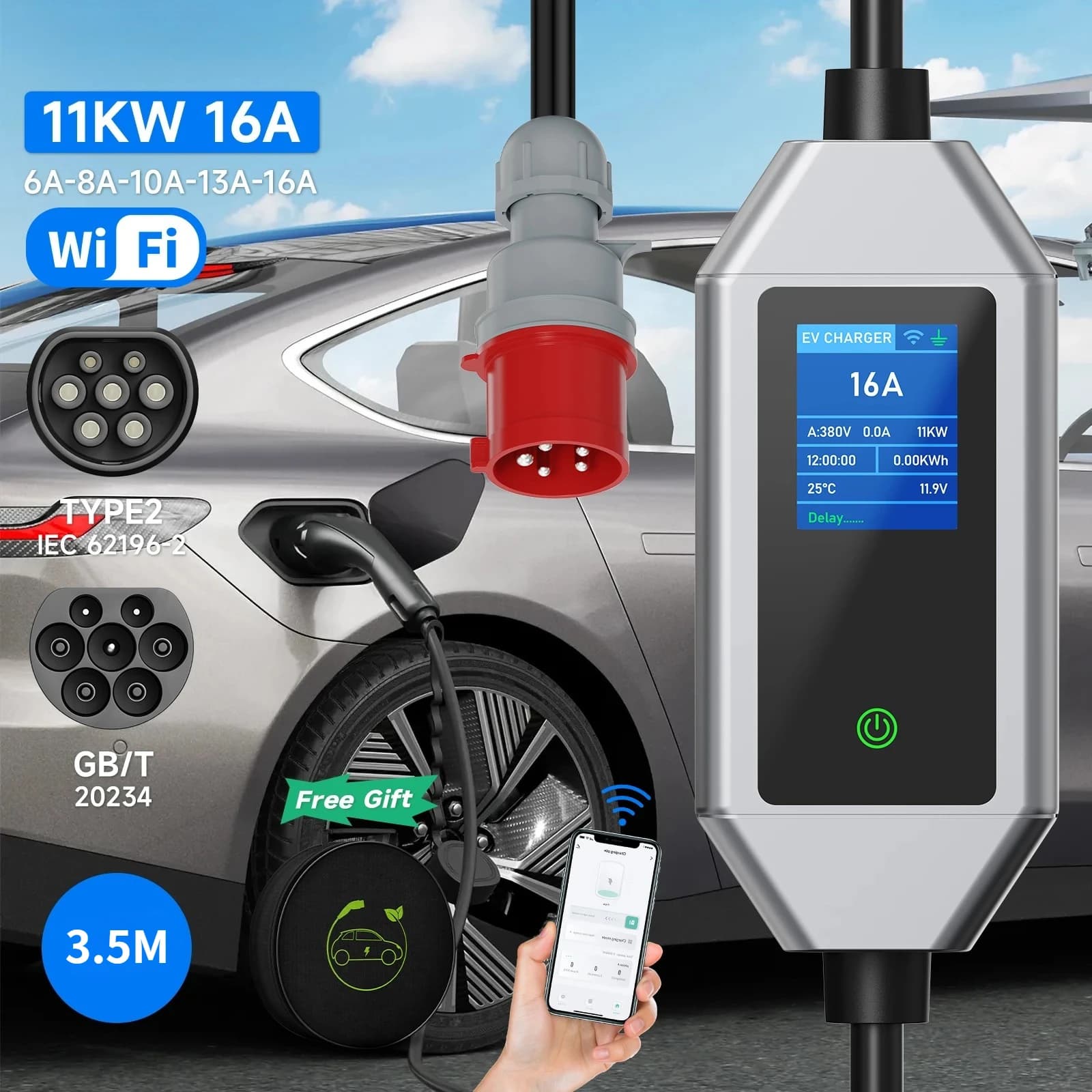 AFEEV 11KW Smart Wi-Fi APP 16A EV Charger Type2 IEC62196-2 Portable EVSE 3 Phase GB/T Electric Vehicle Charger Fast EV Charger