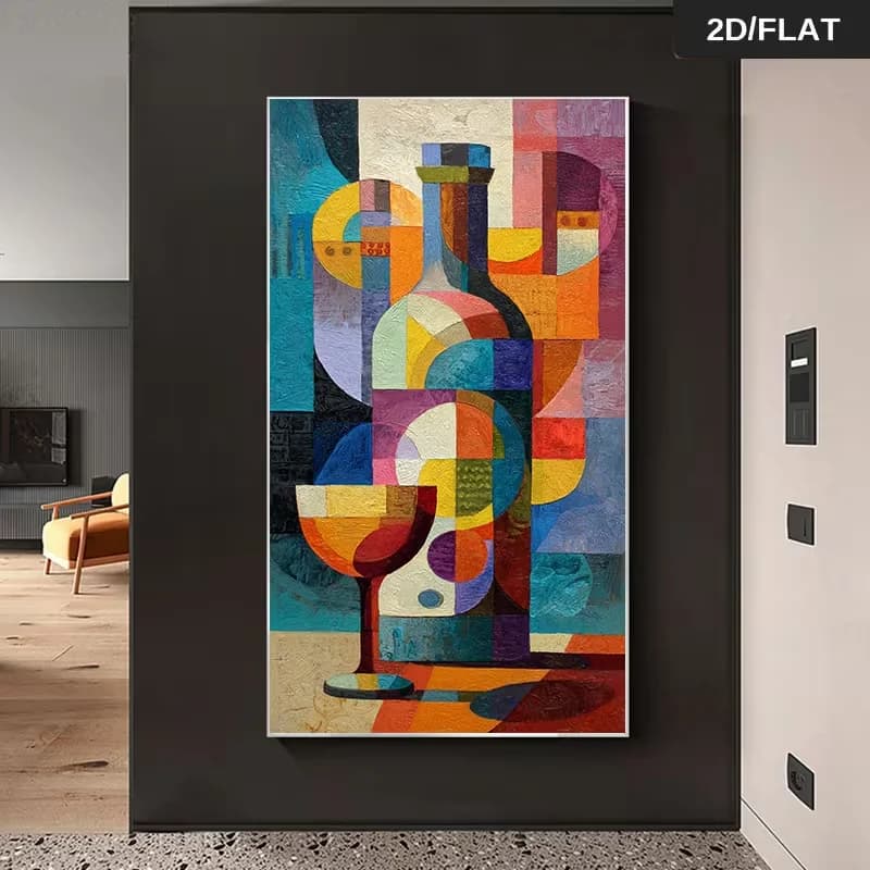 1 Pezzo Grande Quadro Moderno Astratto Cubista con Bottiglia e Bicchiere di Vino - Dipinto Geometrico Cubista Multicolore (70x140cm/27.5"x55") F
