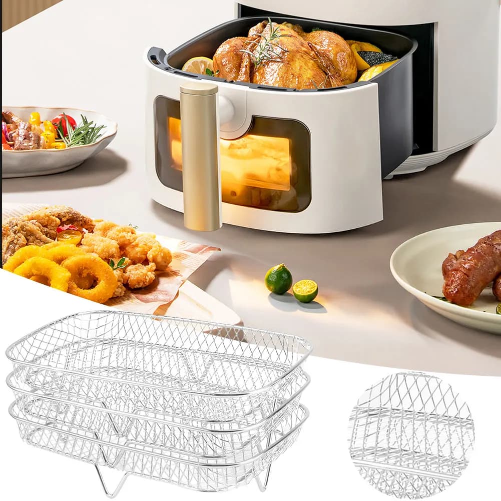 Stainless Steel Air Fryer Grill, Oven Grill, Steamer, 3 Level Dishydrator, Stackable Support, Kitchen Accessories