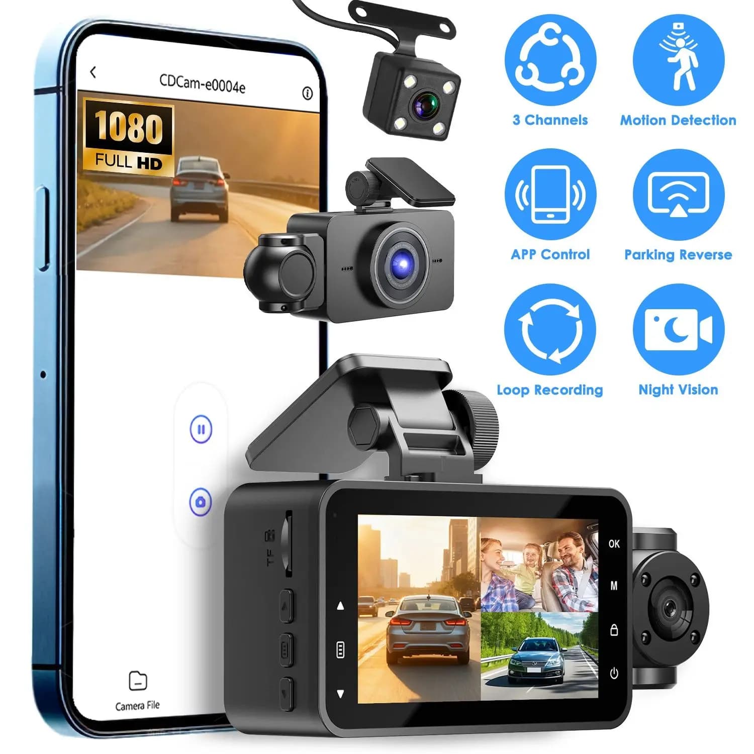Telecamera da cruscotto per auto a 3 canali con visione notturna a infrarossi (4 luci IR/per lato), telecamere anteriori 1080P e interne/posteriori 480P, funzione parcheggio
