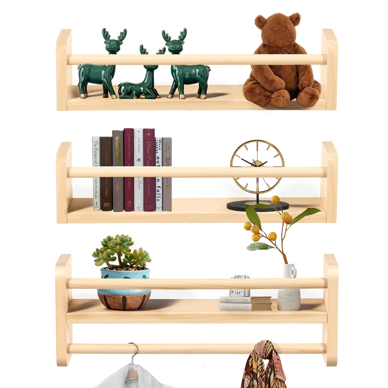 1/2/3Pcs Natural Wood Floating Wall Shelves with Towel Bar for Kids Nursery Shelves for Wall Bathroom Decor Kitchen Spice Rack