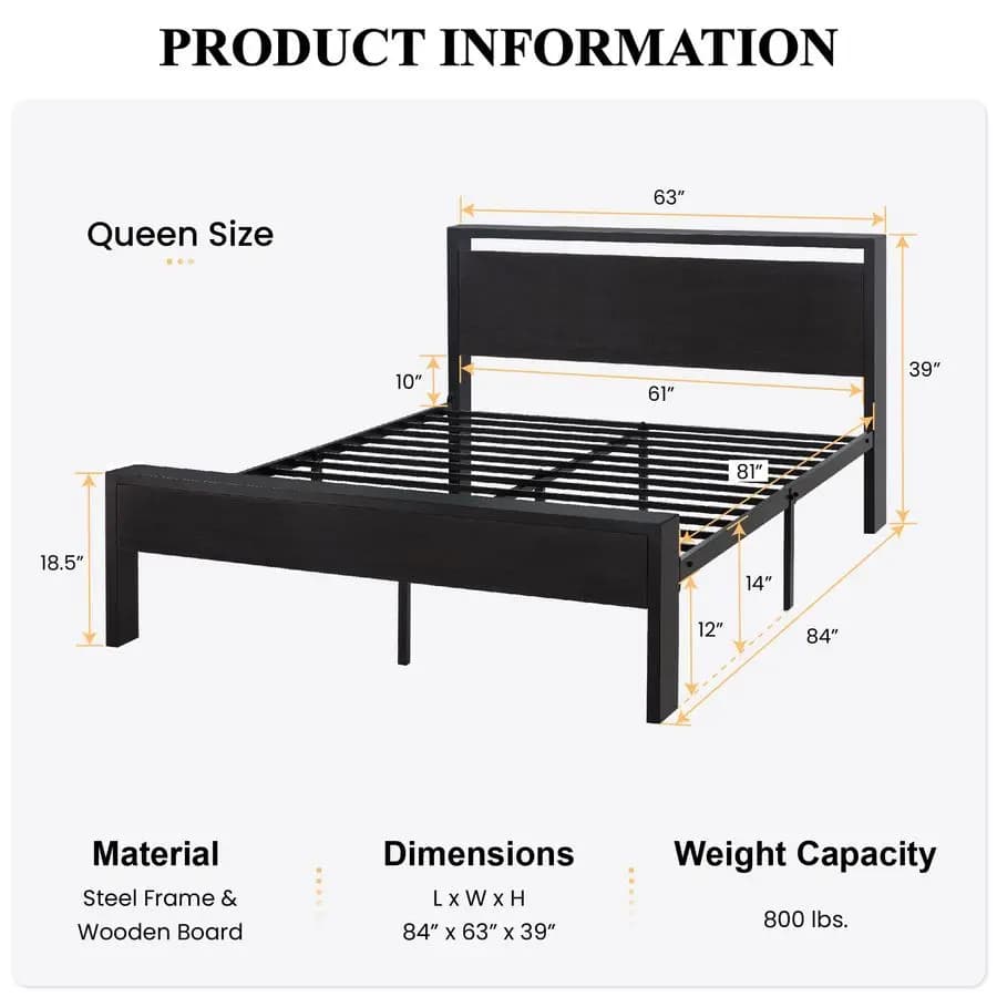 CERLIN 14 inch metal double bed with wooden headboard and footboard, base for mattress, does not need spring mesh