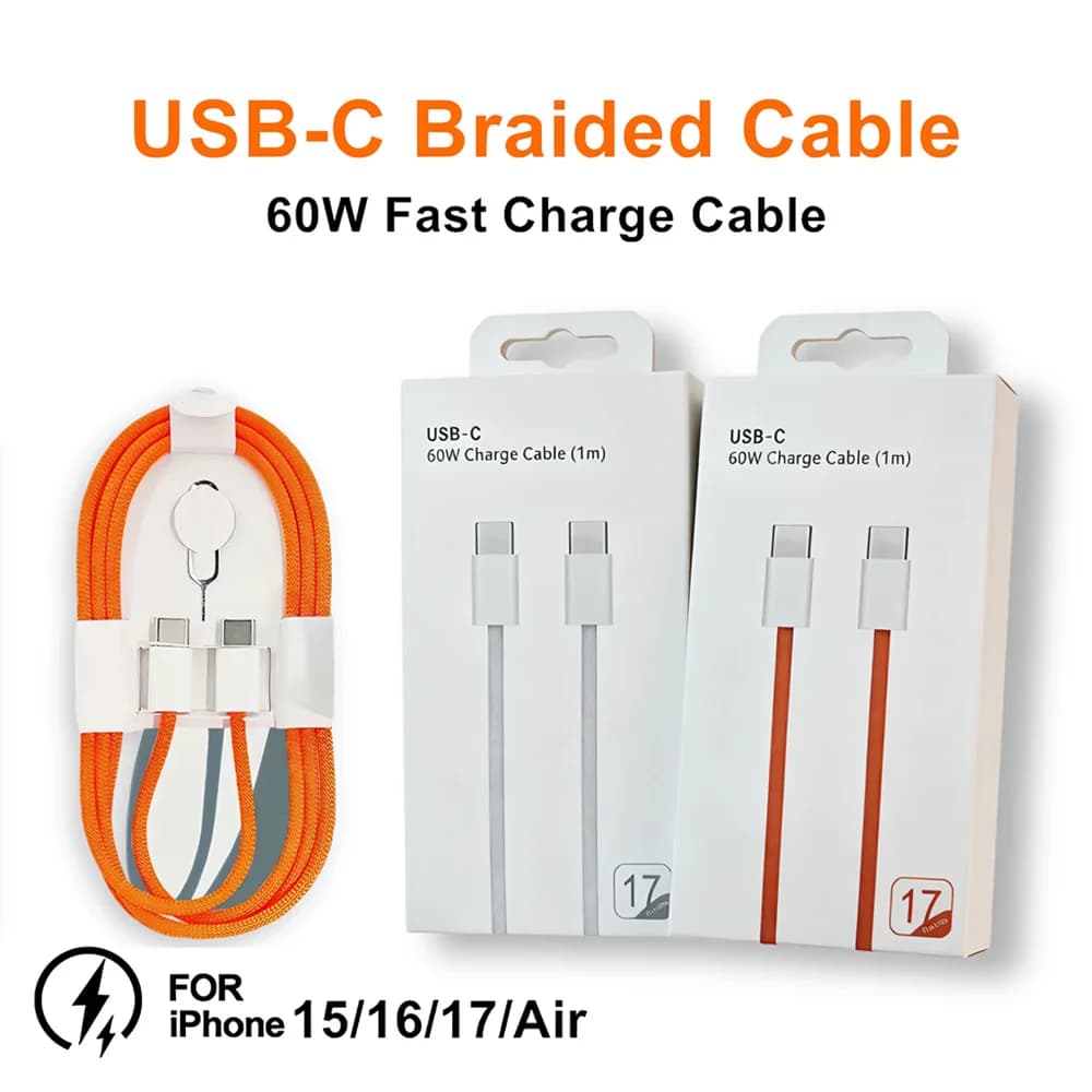 Cavo USB-C intrecciato da 60W per ricarica rapida per iPhone 15 16 Plus 15 16 17 Pro Max 16e Air, cavi a ricarica rapida di tipo C con scatola