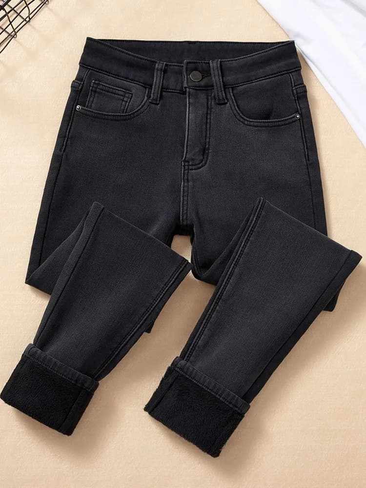 Jeans in denim elasticizzato a vita alta da donna, foderati in pile, slim fit, in cotone ispessito, per autunno inverno, modello a matita a nove punti